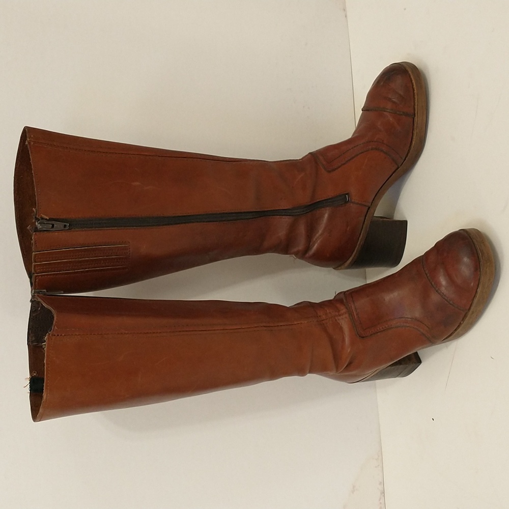 Vintage 70s Leather Boots 3" Chunky Stack Heels Brown Rough Condition Wearable